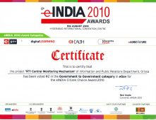 eIndia 2010 Awards for “RTI Central Monitoring Mechanism” in the Govt. to Govt. category in eGov under Citizen Choice Award 2010